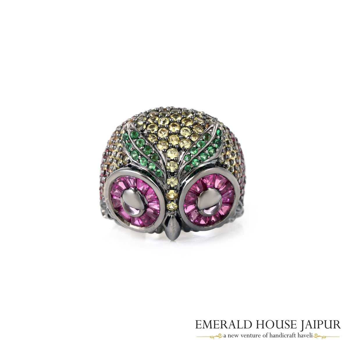 Thai Princess & Rounds Multi Sapphire Owl Ring In 14K White Gold