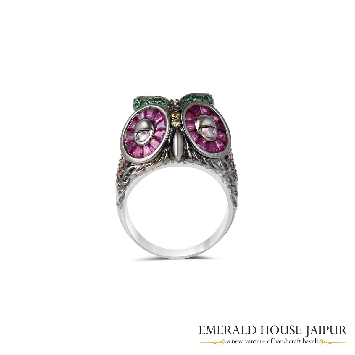 Thai Princess & Rounds Multi Sapphire Owl Ring In 14K White Gold