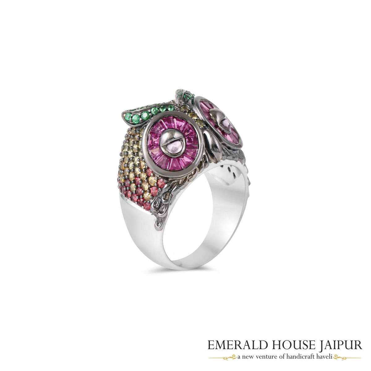 Thai Princess & Rounds Multi Sapphire Owl Ring In 14K White Gold