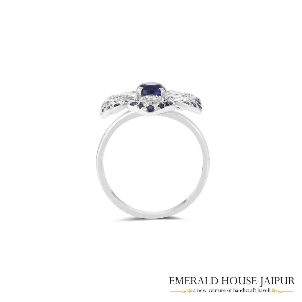 Ceylon Rounds Blue Sapphire Ring With Round Diamonds In 18K White Gold