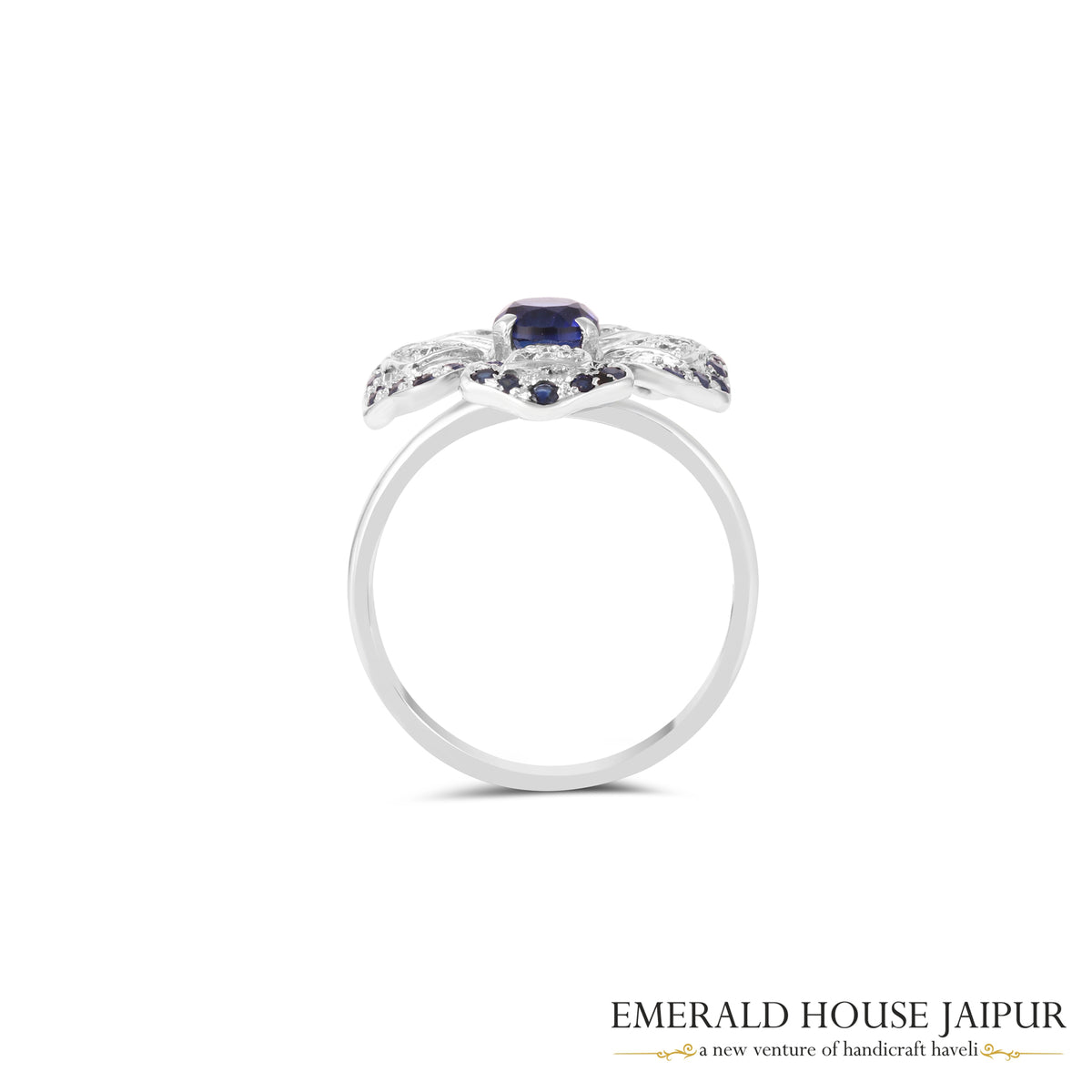 Ceylon Rounds Blue Sapphire Ring With Round Diamonds In 18K White Gold