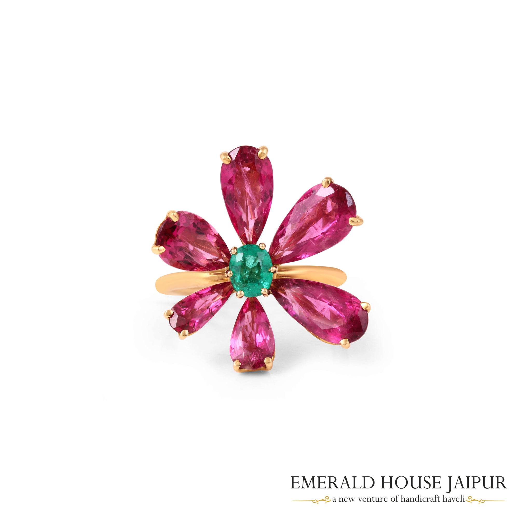 Afghani Pears Tourmaline And Zambian Emerald Ring In 18K Rose Gold