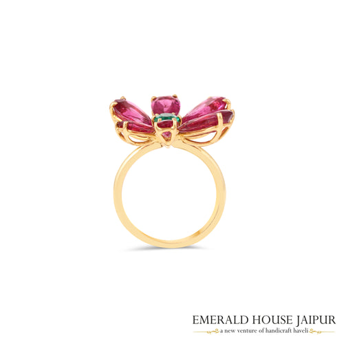 Afghani Pears Tourmaline And Zambian Emerald Ring In 18K Rose Gold