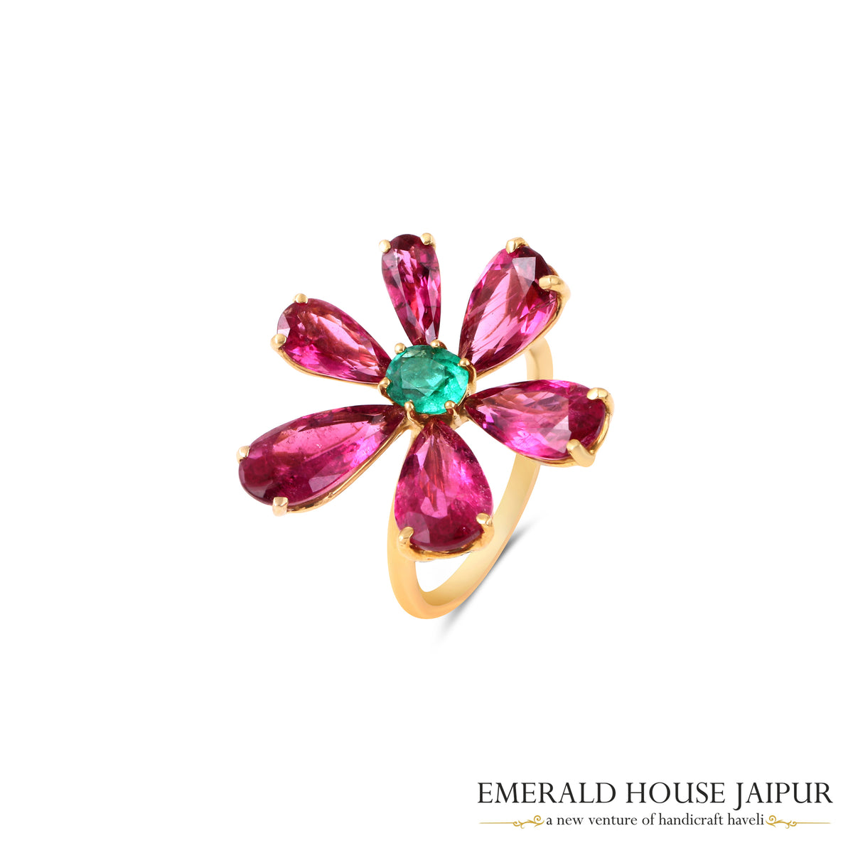 Afghani Pears Tourmaline And Zambian Emerald Ring In 18K Rose Gold