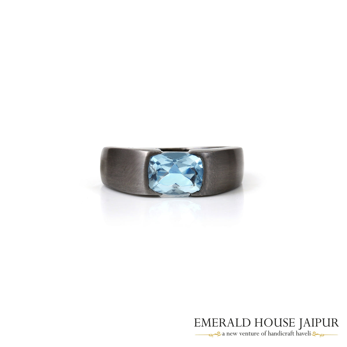 Brazilian Cushion Aquamarine Unisex Ring In 18K Black Gold