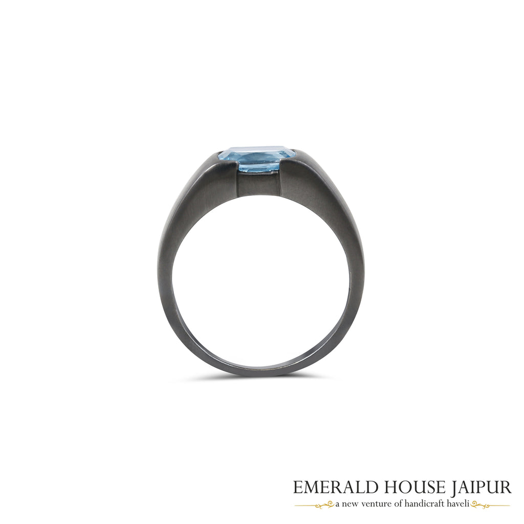 Brazilian Cushion Aquamarine Unisex Ring In 18K Black Gold