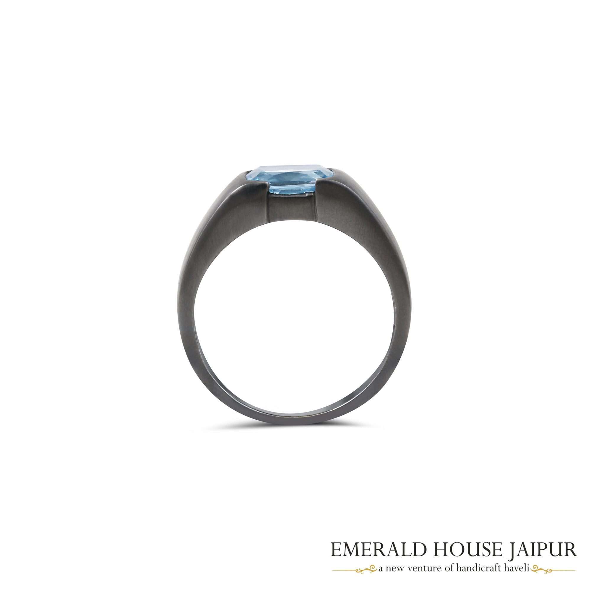 Brazilian Cushion Aquamarine Unisex Ring In 18K Black Gold