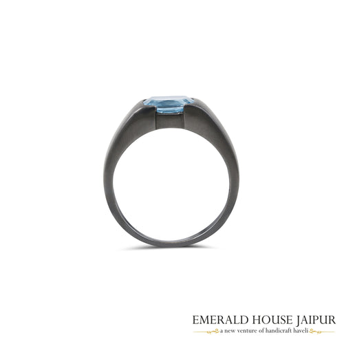 Brazilian Cushion Aquamarine Unisex Ring In 18K Black Gold