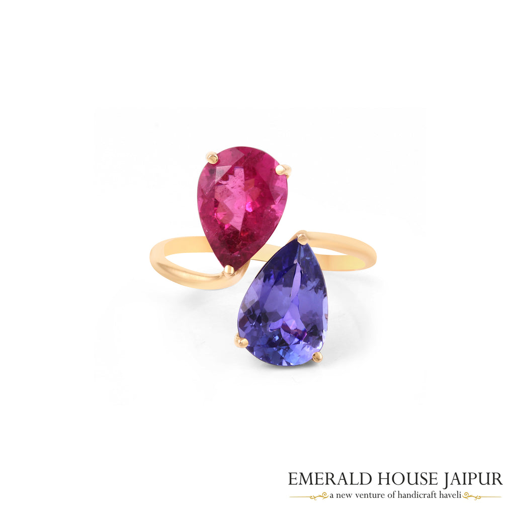 Brazilian Pear Tourmaline & Tanzanian Pear Tanzanite Ring In 18K Yellow Gold