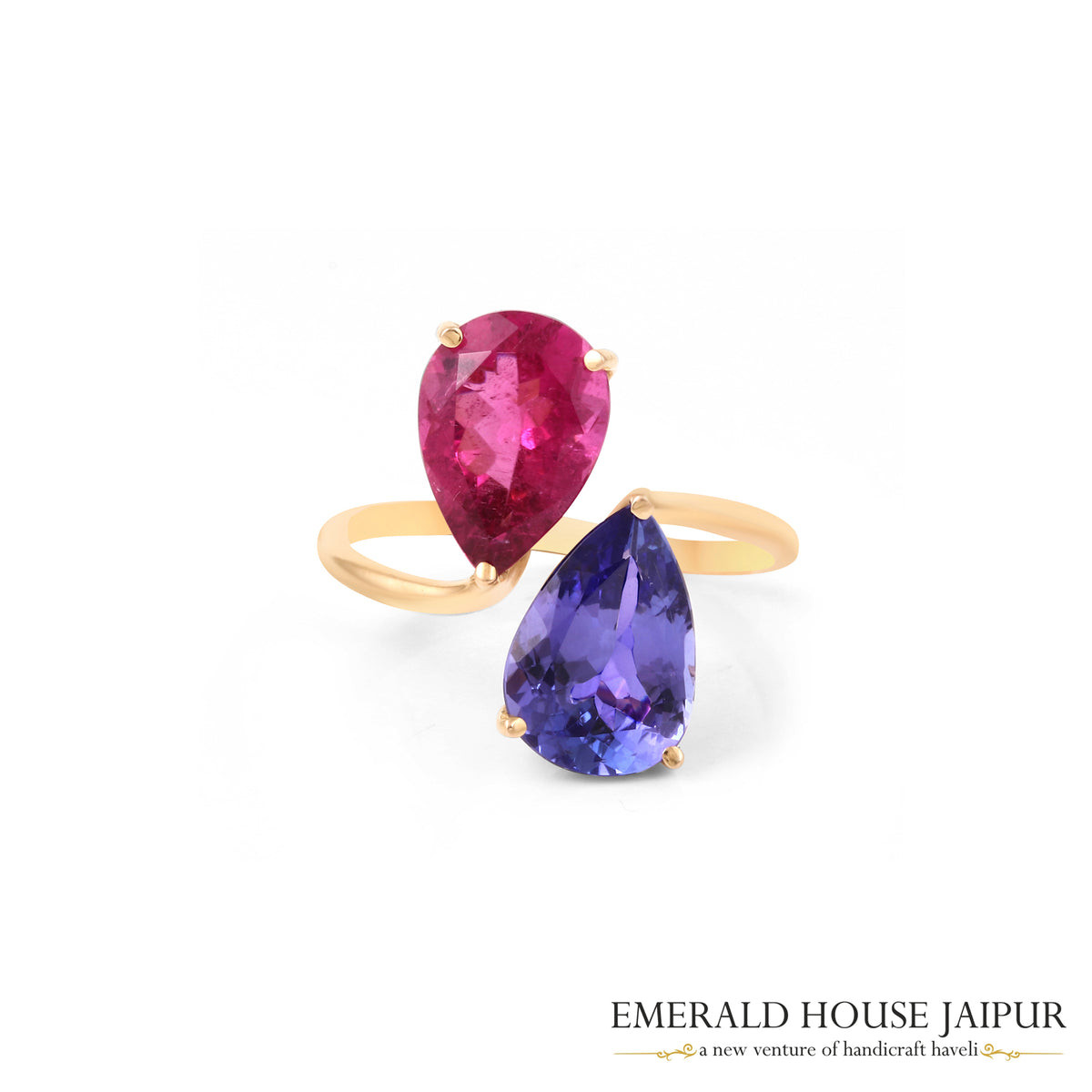 Brazilian Pear Tourmaline & Tanzanian Pear Tanzanite Ring In 18K Yellow Gold