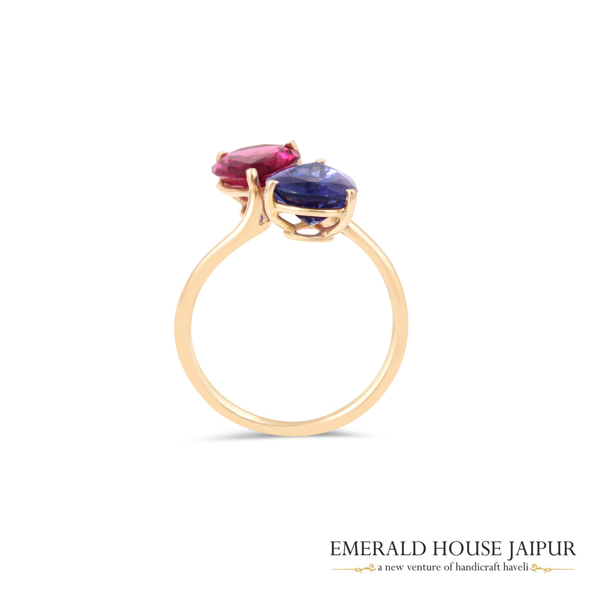 Brazilian Pear Tourmaline & Tanzanian Pear Tanzanite Ring In 18K Yellow Gold