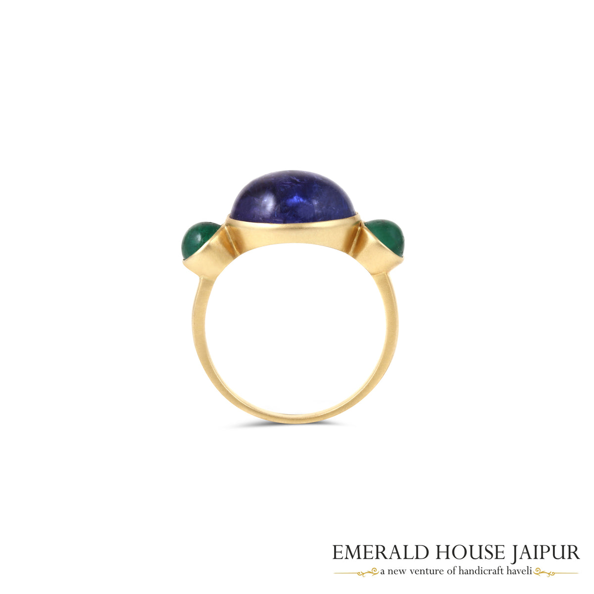 Tanzanian Oval Cabochon Tanzanite Ring With Round Emerald Cabochon In 18K Matte Yellow Gold