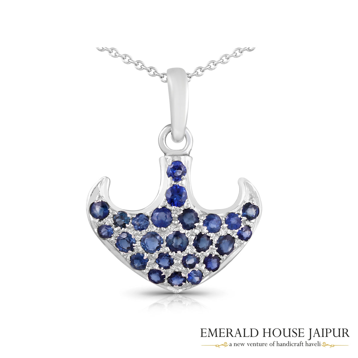 Blue Sapphire Anchor Pendant in 18K White Gold