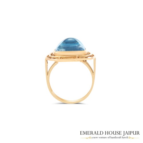 Brazilian Sugarloaf Blue Topaz Ring In 18K Yellow Gold