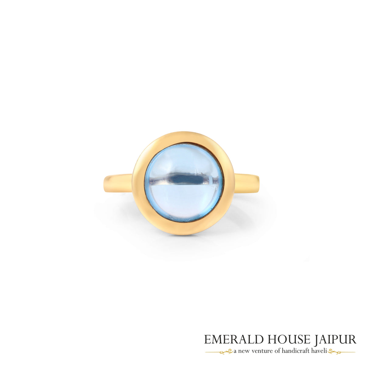 Brazilian Round Cabochon Blue Topaz Ring In 18K Yellow Gold