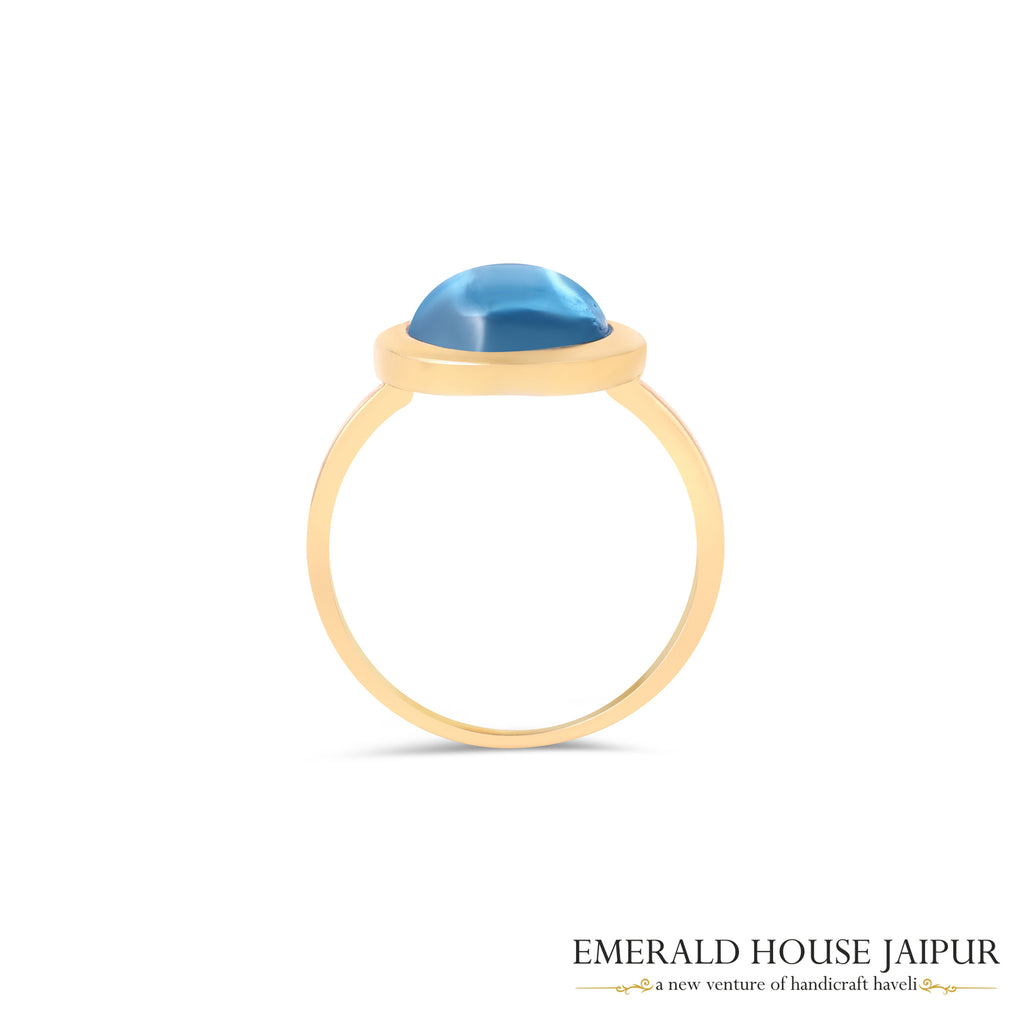 Brazilian Round Cabochon Blue Topaz Ring In 18K Yellow Gold