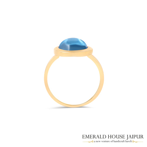 Brazilian Round Cabochon Blue Topaz Ring In 18K Yellow Gold