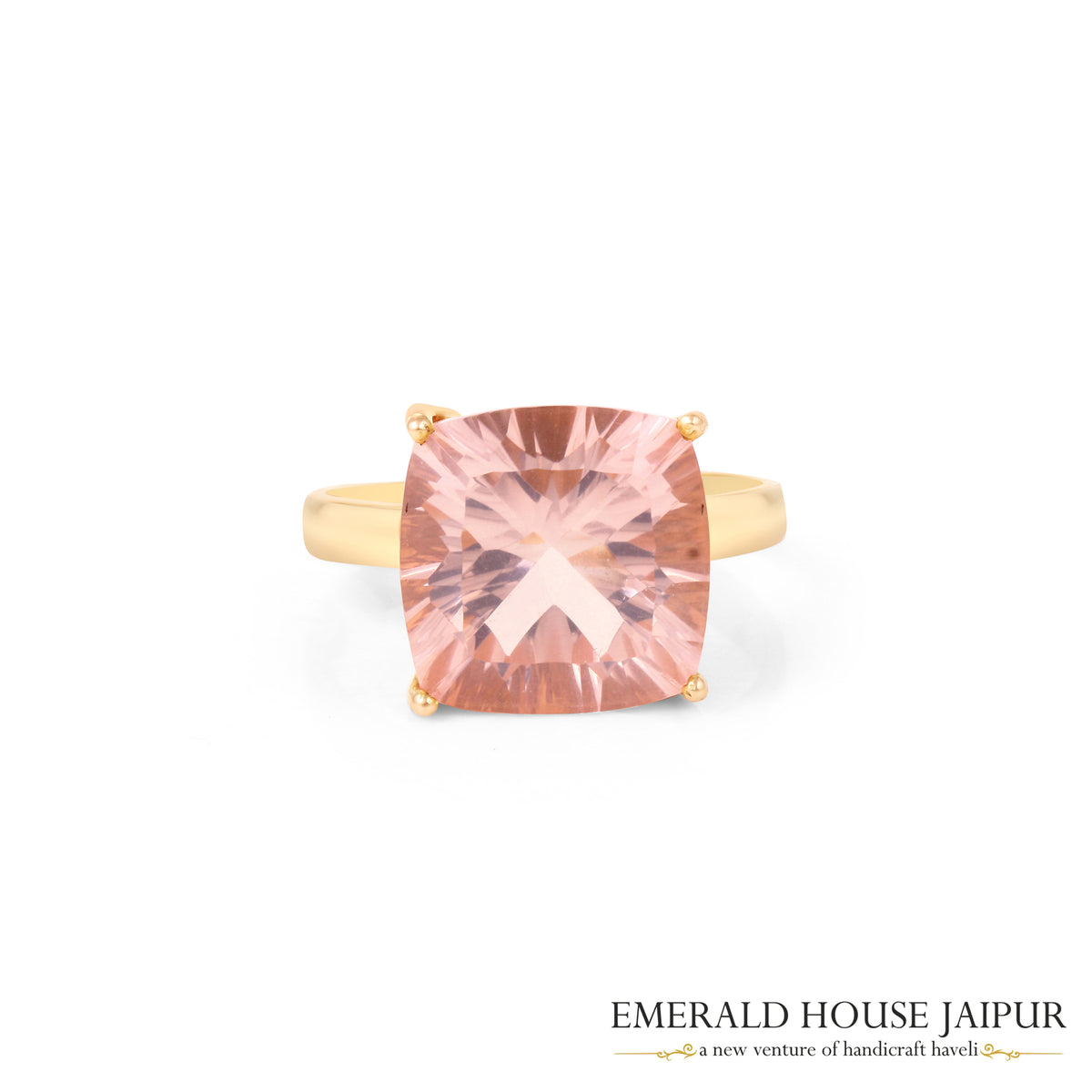 Indian Square Cut Rose Quartz Ring In 14K Yellow Gold