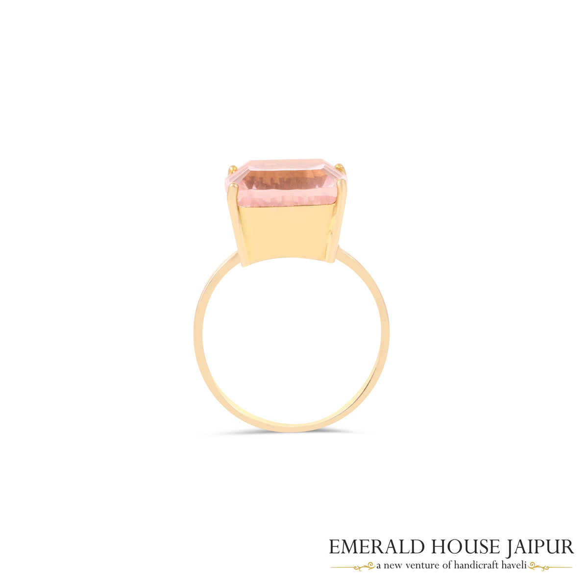 Indian Square Cut Rose Quartz Ring In 14K Yellow Gold