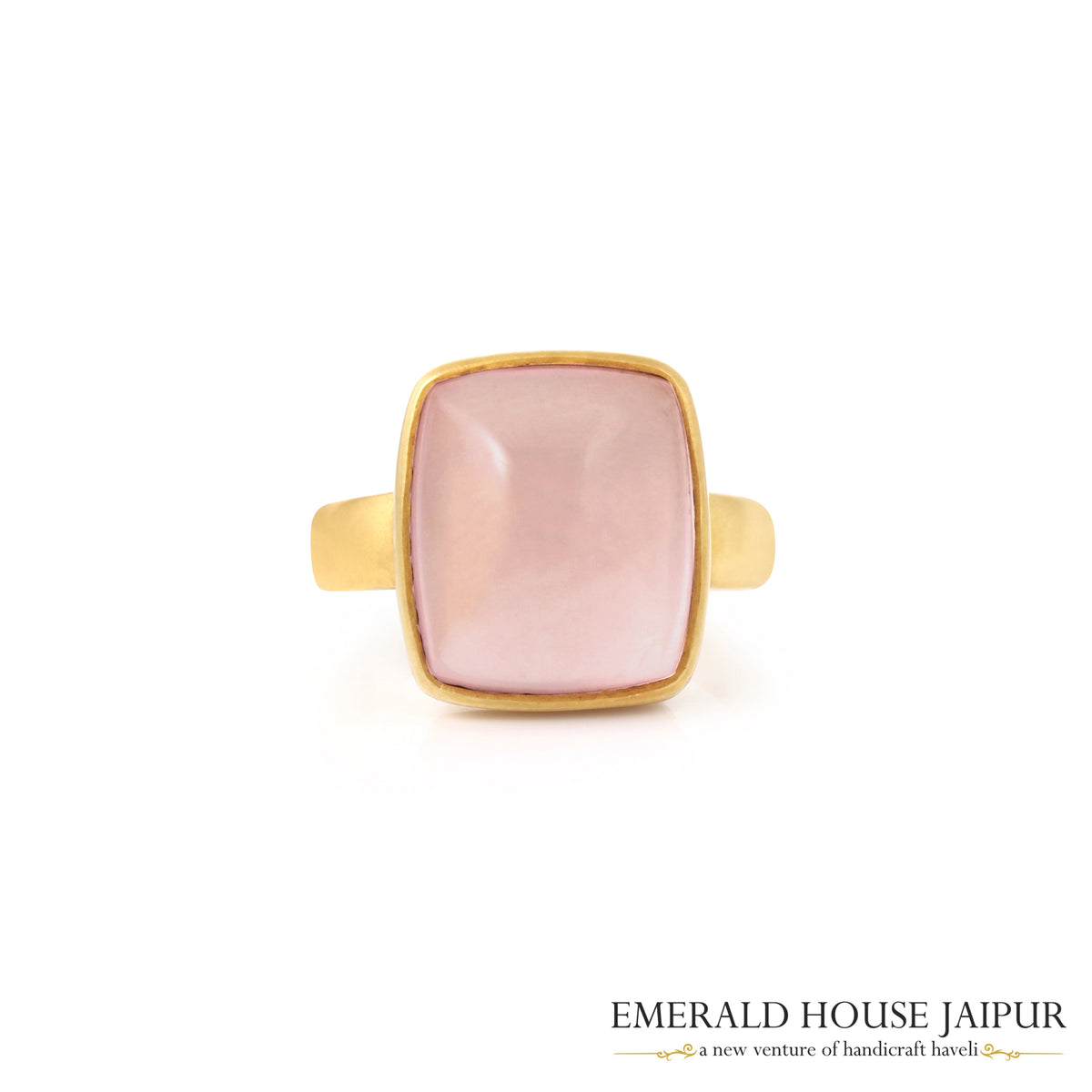 Indian Cushion Cabochon Rose Quartz Ring In 18K Matte Yellow Gold