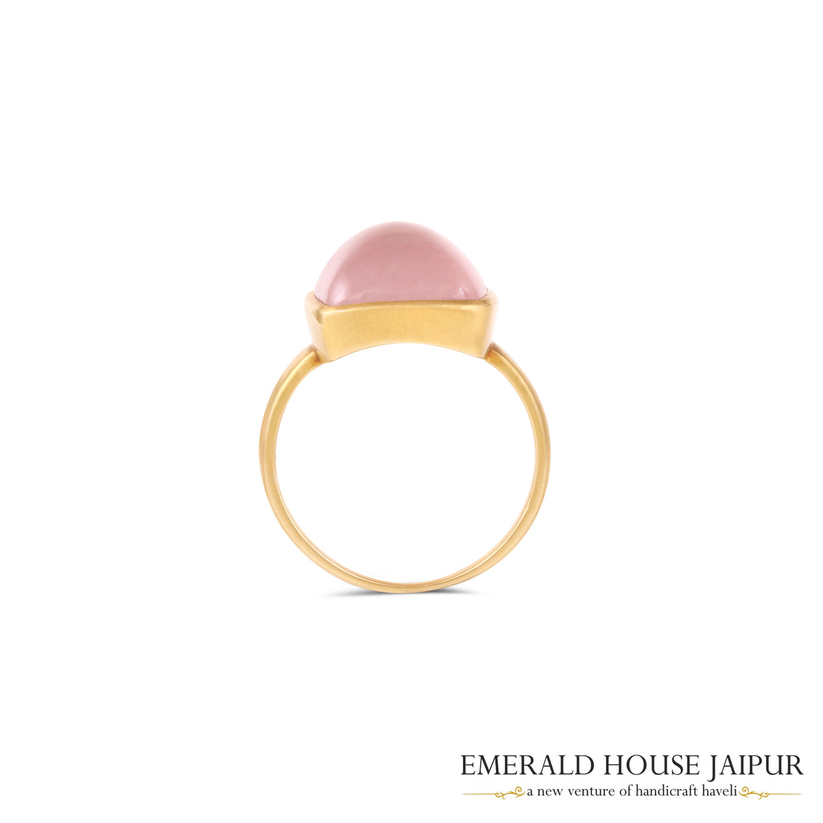 Indian Cushion Cabochon Rose Quartz Ring In 18K Matte Yellow Gold