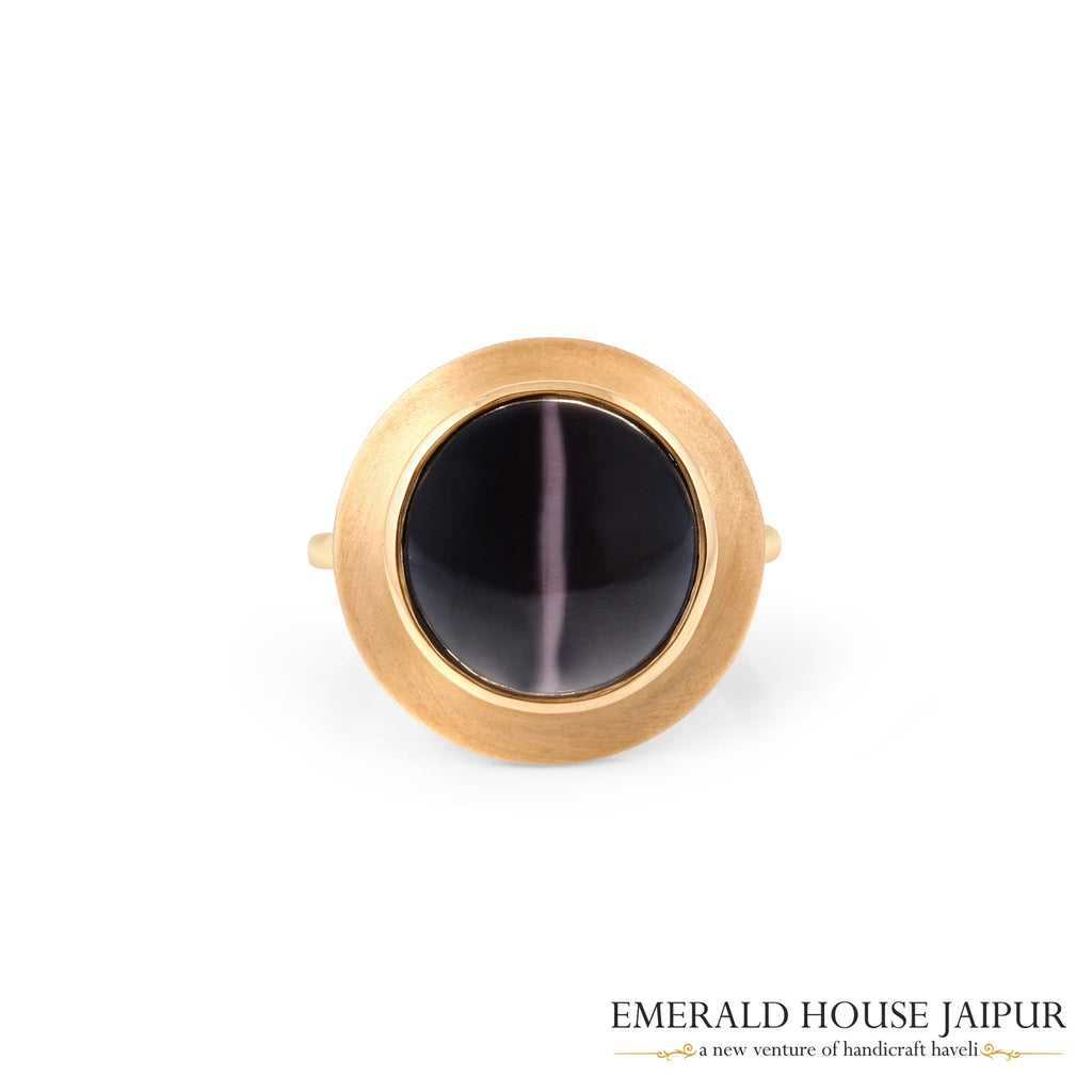 African Round Cats Eye Ring In 18K Yellow Gold