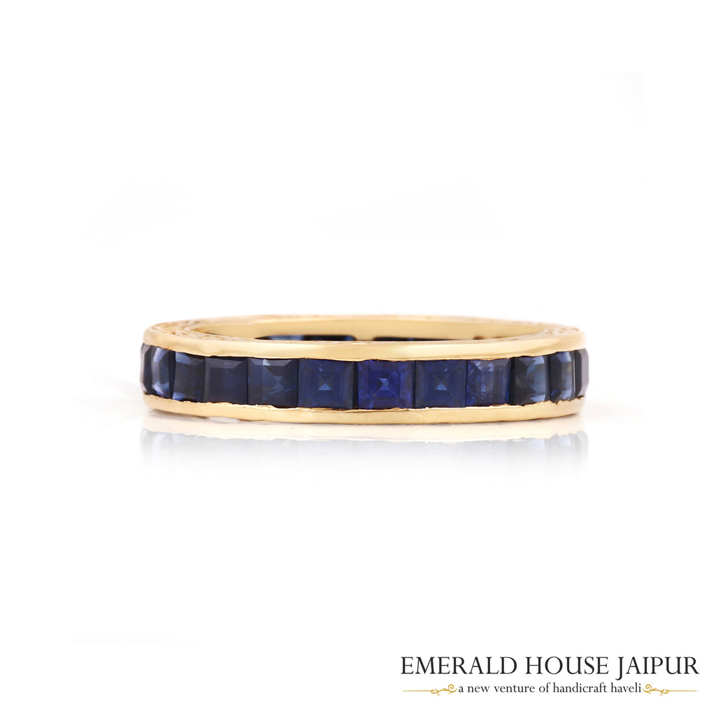 Thai Princess Blue Sapphire Eternity Band Ring With Embroidery In 18K Yellow Gold