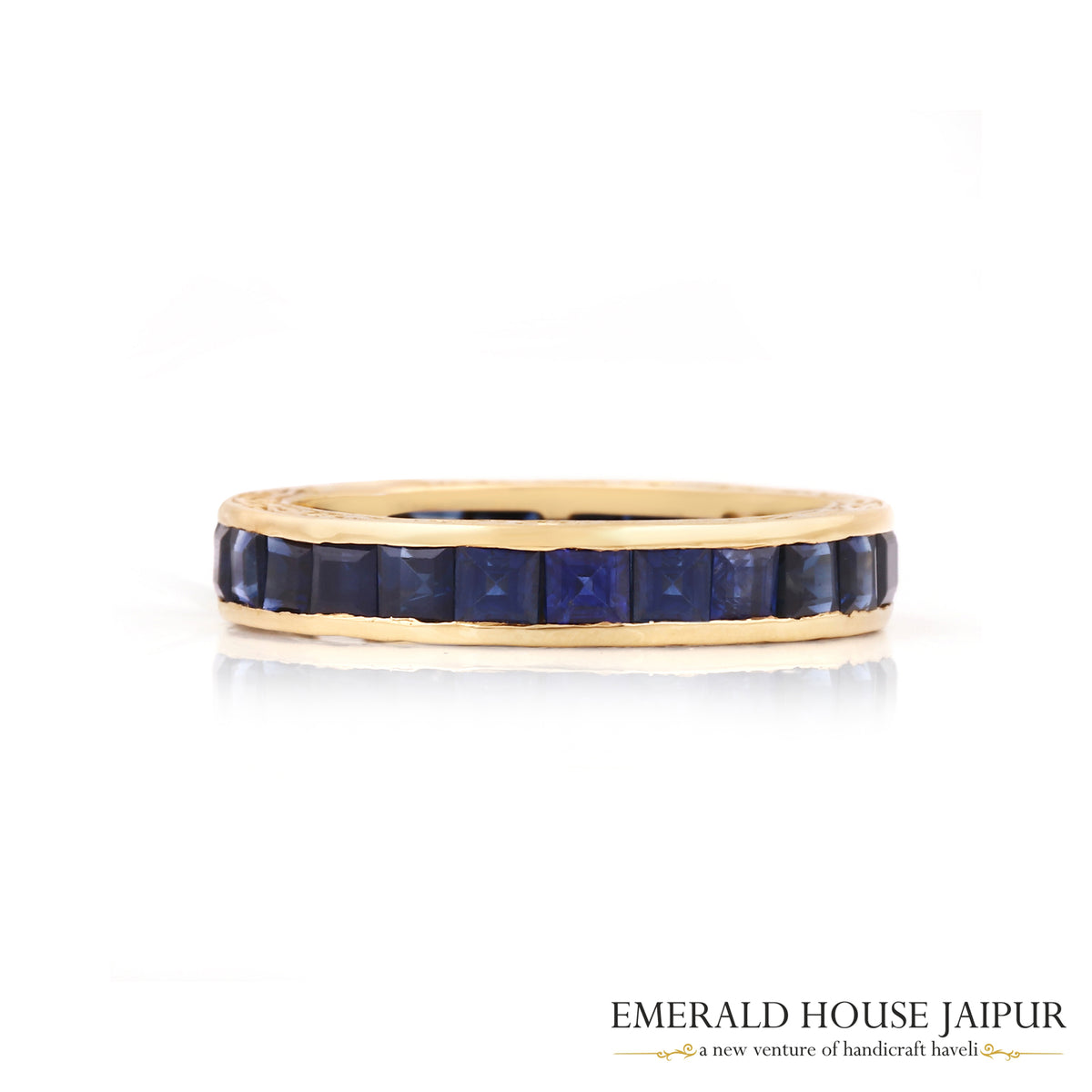 Thai Princess Blue Sapphire Eternity Band Ring With Embroidery In 18K Yellow Gold