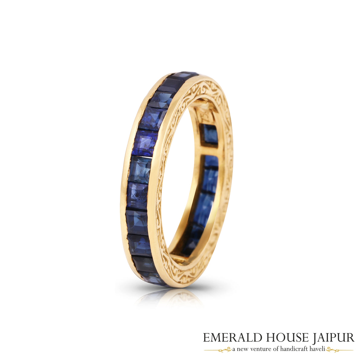 Thai Princess Blue Sapphire Eternity Band Ring With Embroidery In 18K Yellow Gold