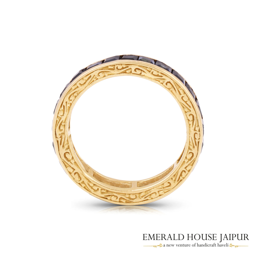 Thai Princess Blue Sapphire Eternity Band Ring With Embroidery In 18K Yellow Gold