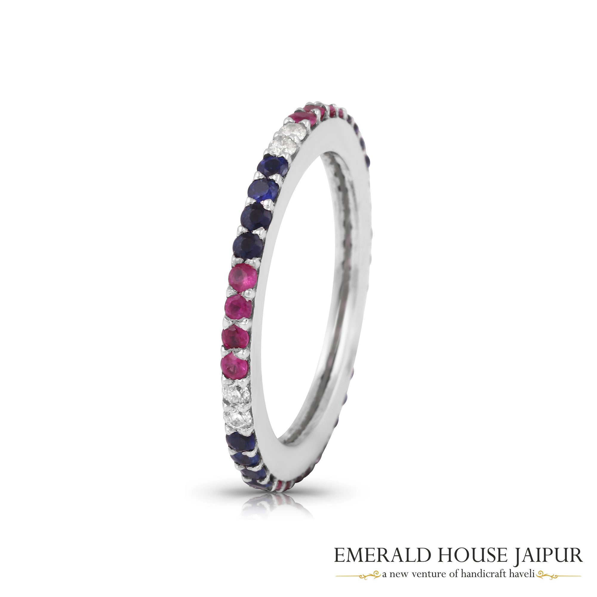 Scallop Set Round Blue Sapphire Ruby Eternity Band Ring With Round Diamonds In 18K White Gold