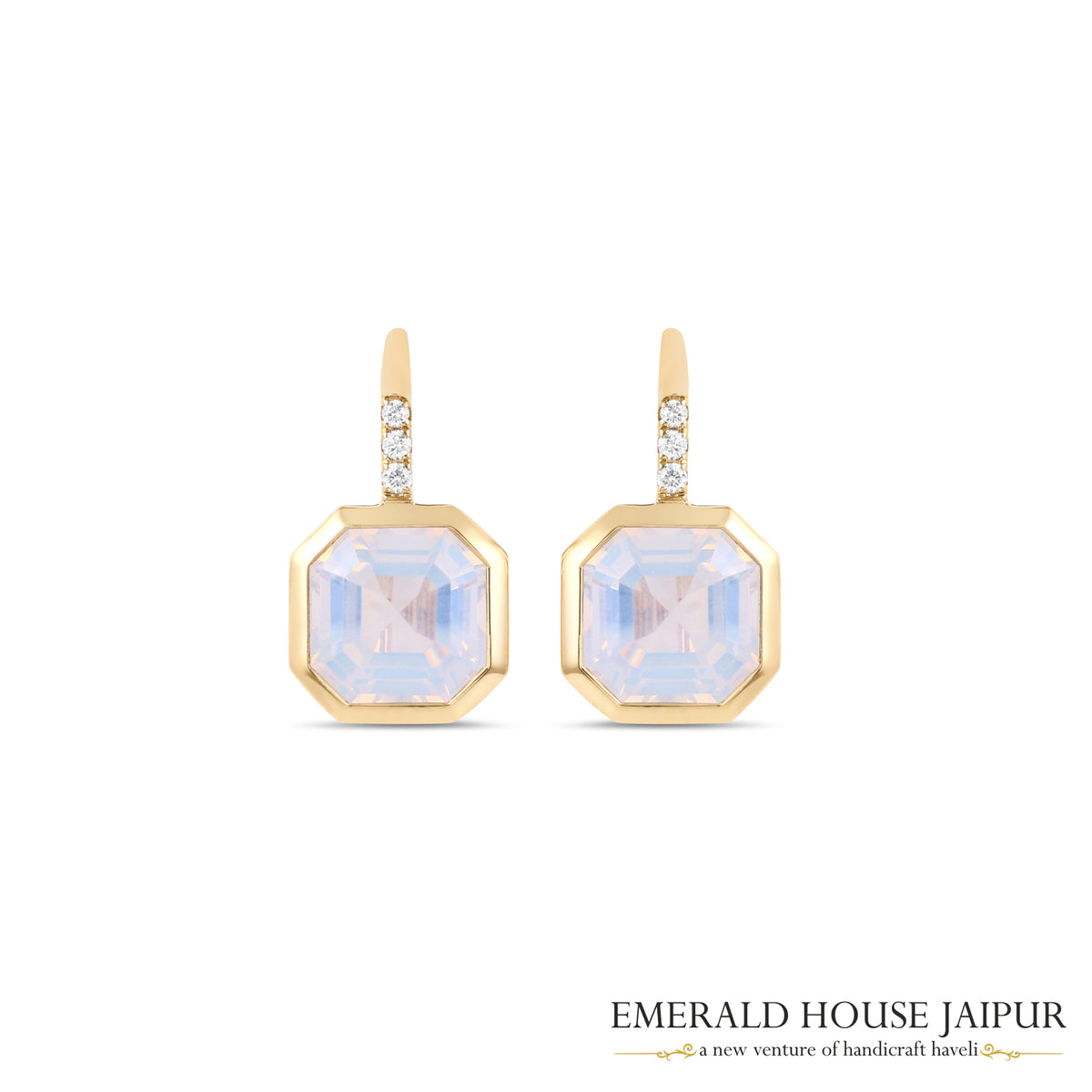 Octagonal-Cut Moonstone & Diamond Drop Earrings in 18K Yellow Gold