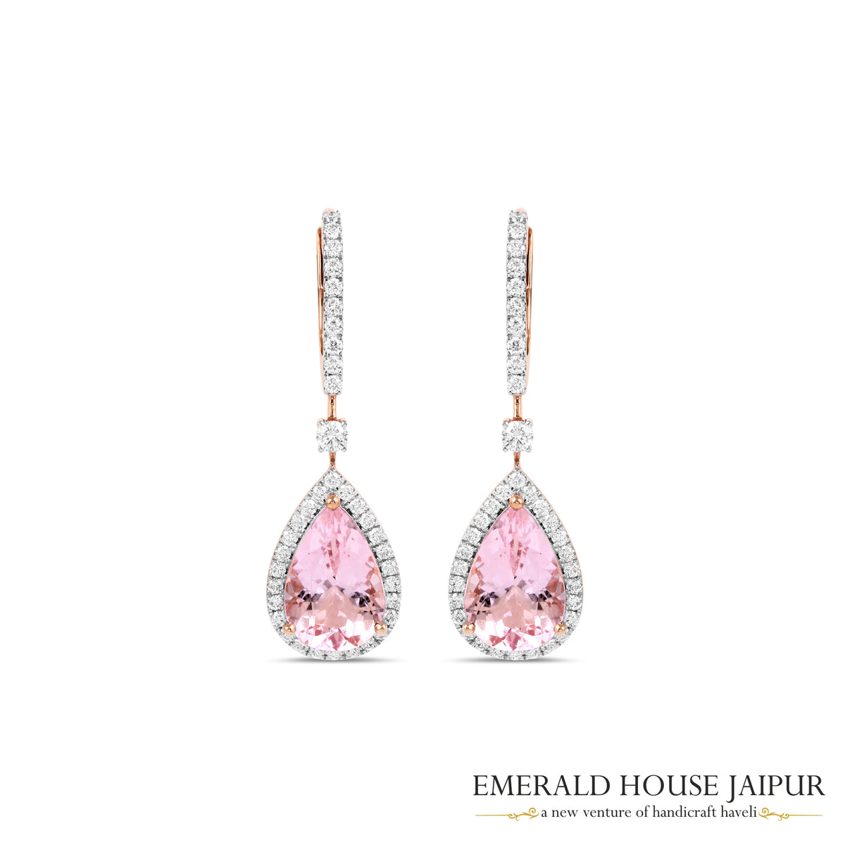 Pear-Cut Pink Morganite & Diamond Halo Drop Earrings in 18K Rose Gold