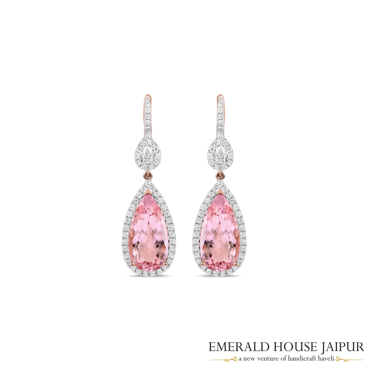 Pear-Cut Pink Morganite & Diamond Halo Drop Earrings in 18K Rose Gold
