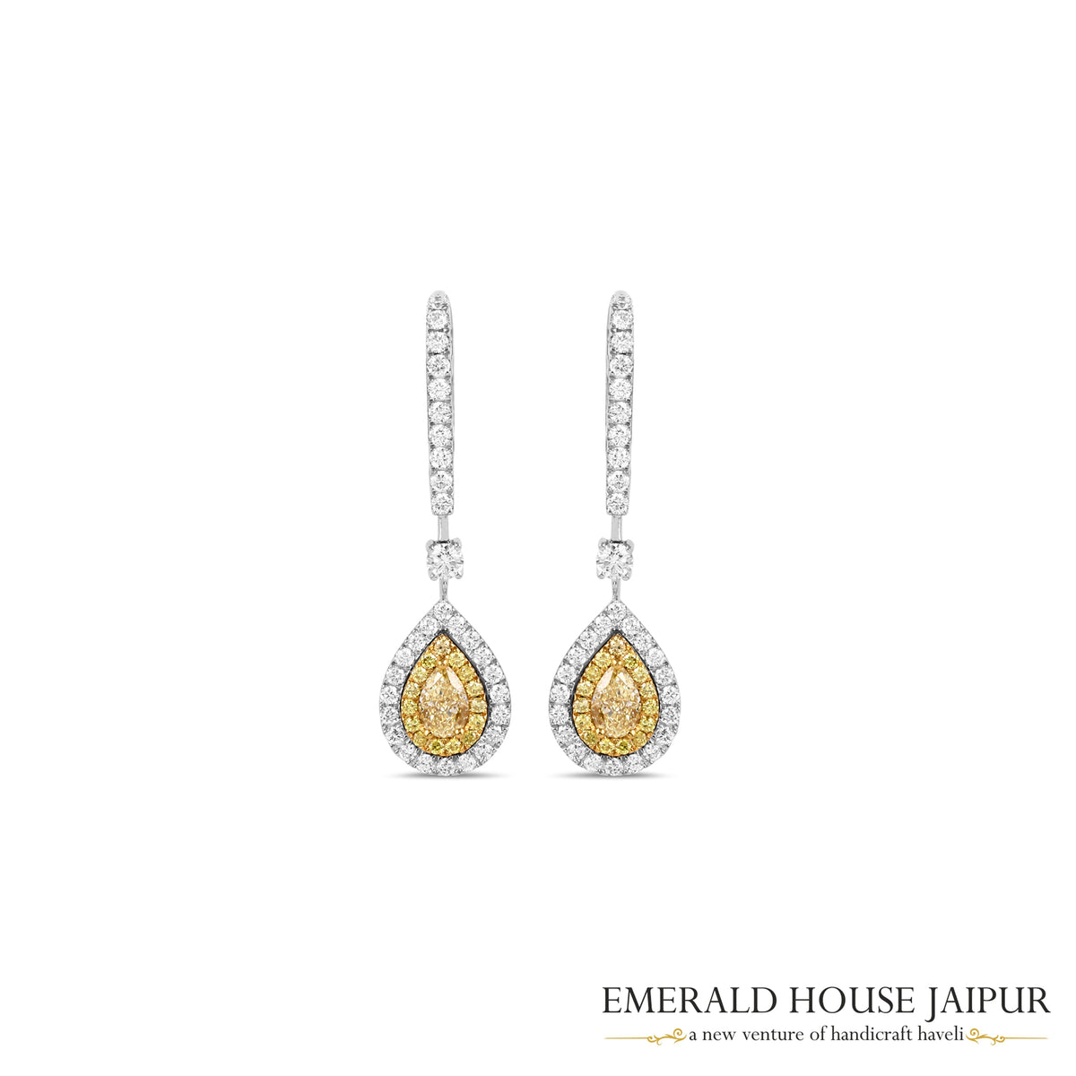 Pear-Cut Yellow & White Diamond Halo Drop Earrings in 18K White Gold