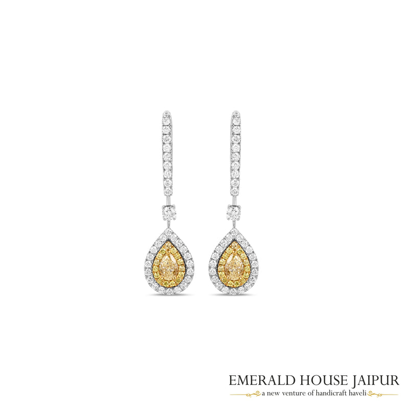 Pear-Cut Yellow & White Diamond Halo Drop Earrings in 18K White Gold