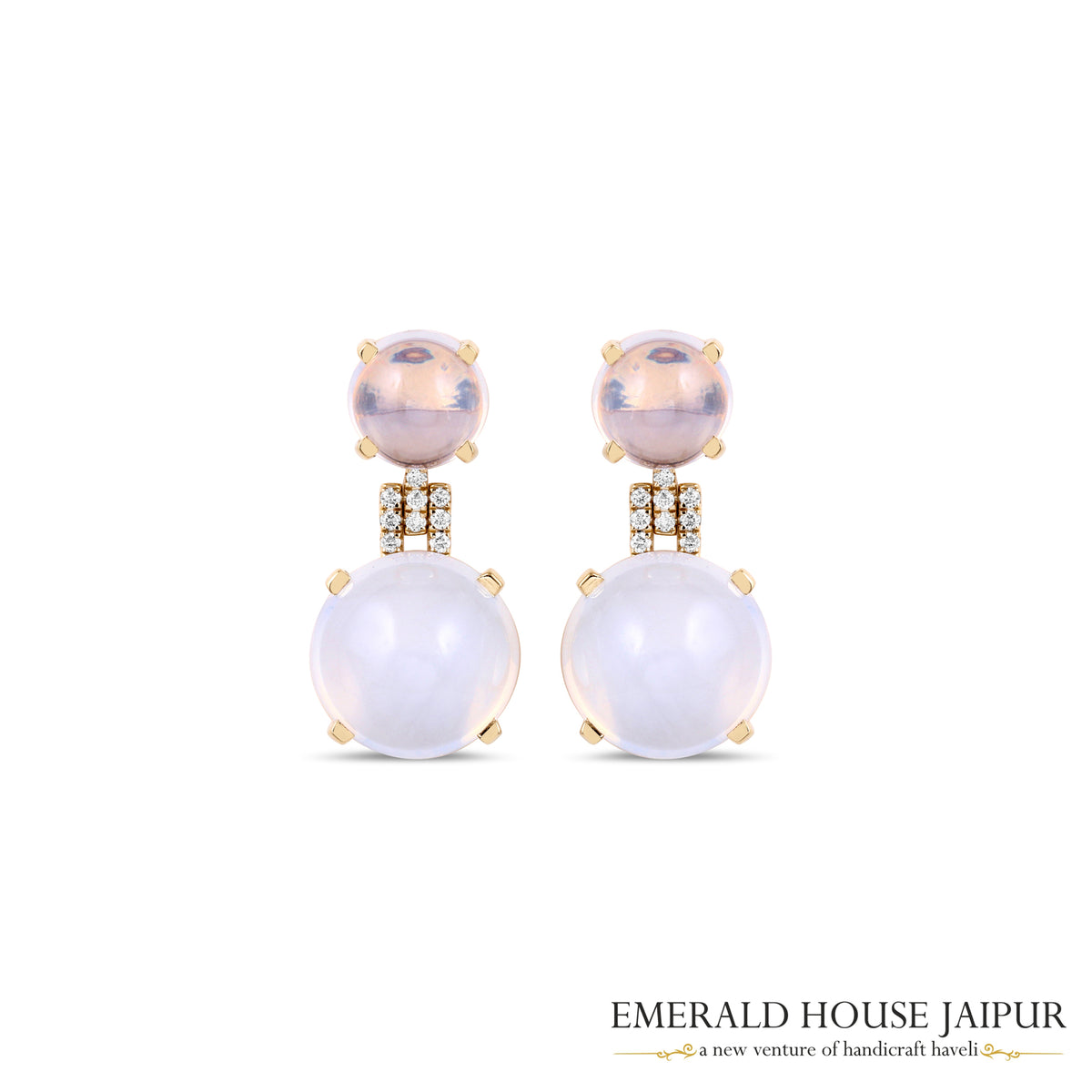 Round Moonstone & Diamond Double-Drop Earrings in 18K Yellow Gold