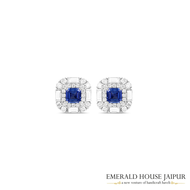 Princess-Cut Blue Sapphire & Mixed-Cut Diamond Halo Stud Earrings in 18K White Gold