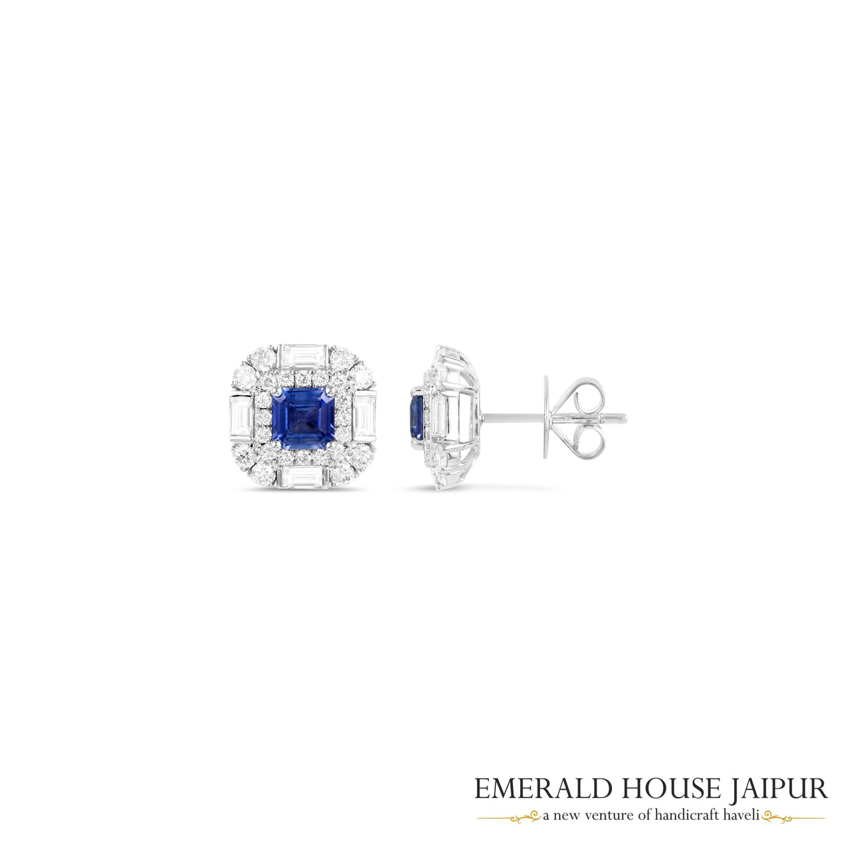 Princess-Cut Blue Sapphire & Mixed-Cut Diamond Halo Stud Earrings in 18K White Gold