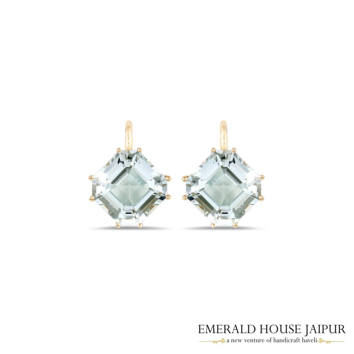 Octagonal-Cut Green Amethyst Drop Earrings in 18K Yellow Gold