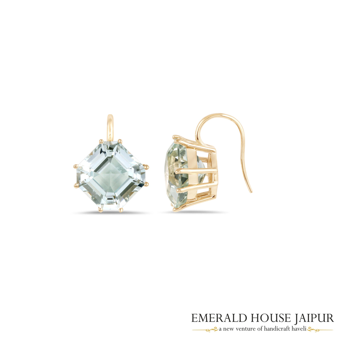 Octagonal-Cut Green Amethyst Drop Earrings in 18K Yellow Gold
