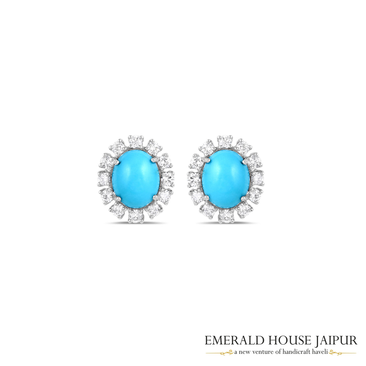Oval Cabochon Turquoise & Diamond Halo Stud Earrings in 18K White Gold