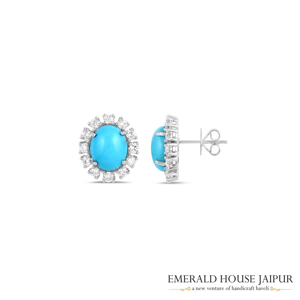 Oval Cabochon Turquoise & Diamond Halo Stud Earrings in 18K White Gold