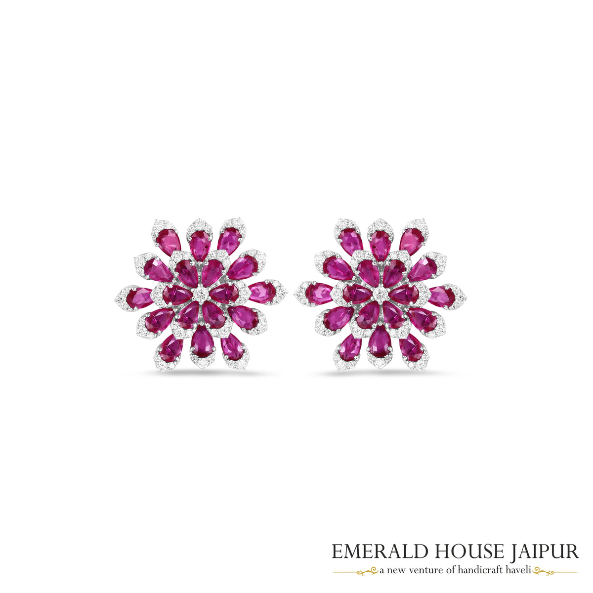 Pear-Cut Ruby & Diamond Floral Cluster Stud Earrings in 18K White Gold