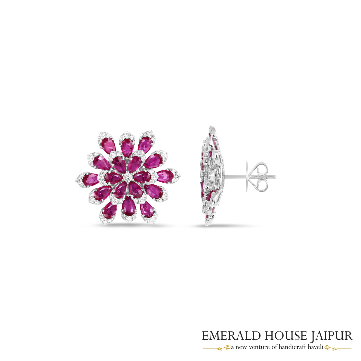 Pear-Cut Ruby & Diamond Floral Cluster Stud Earrings in 18K White Gold