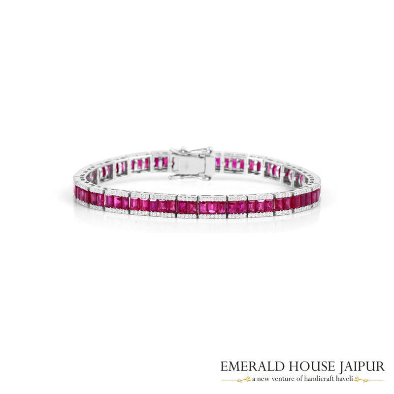 Baguette-Cut Ruby & Diamond Half-Eternity Bracelet in 18K White Gold