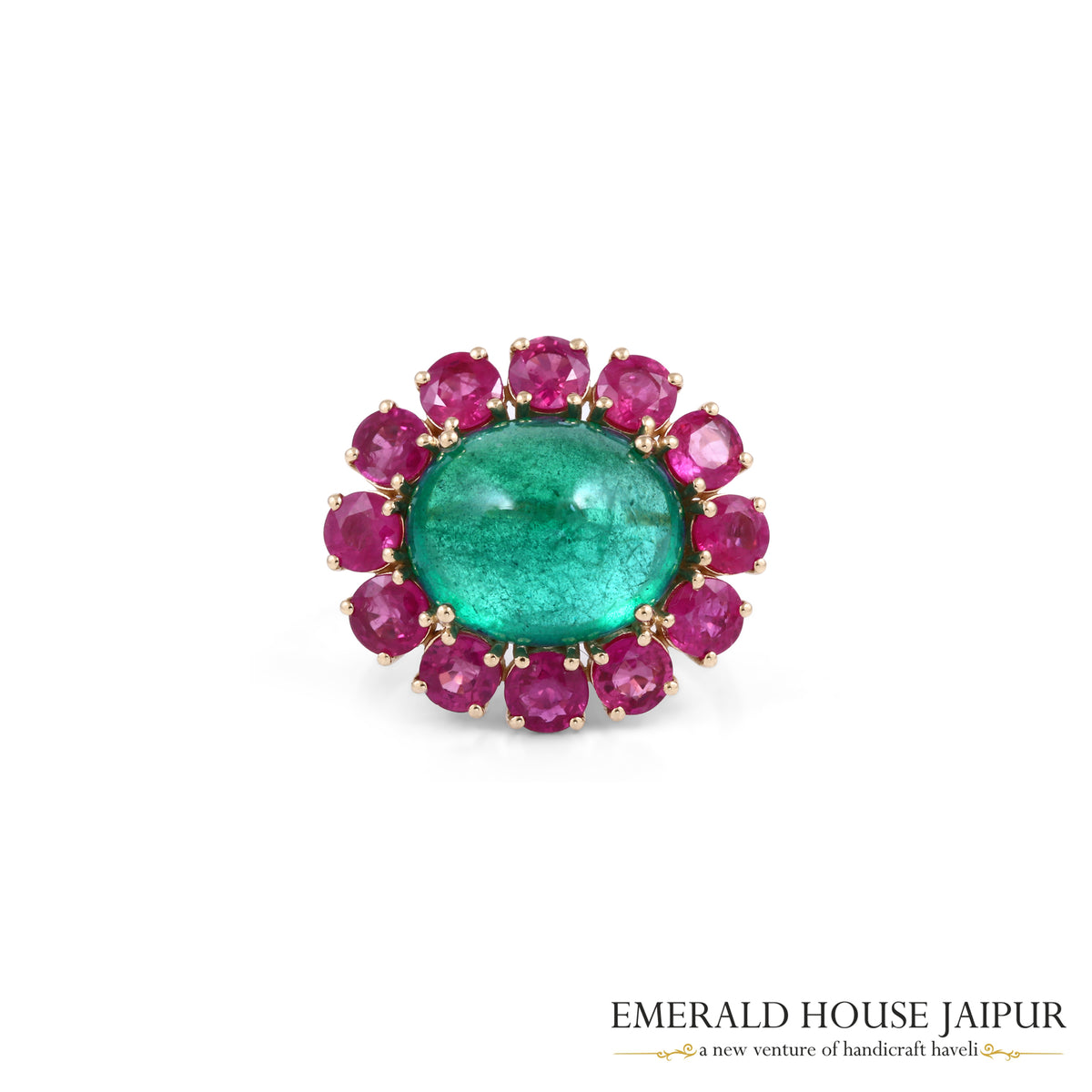Cabochon Emerald & Round-Cut Ruby Halo Ring in 18K Yellow Gold