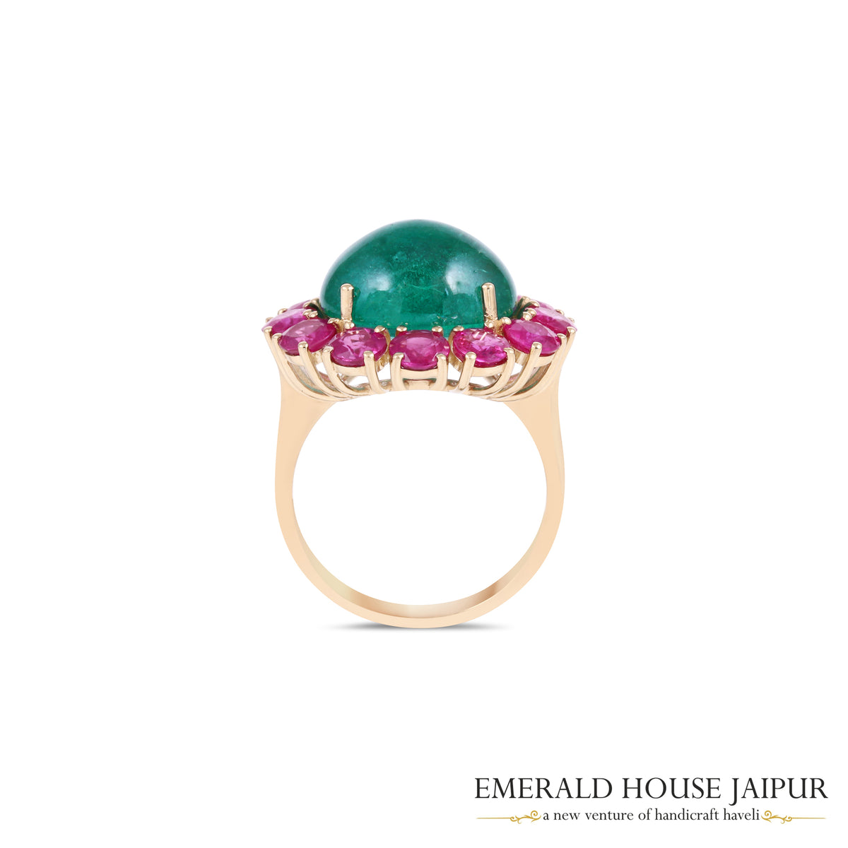 Cabochon Emerald & Round-Cut Ruby Halo Ring in 18K Yellow Gold