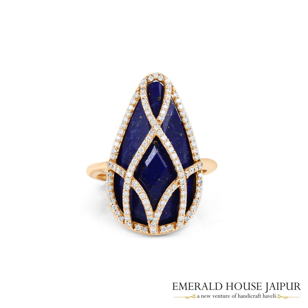 Lapis Lazuli Diamond Lattice Ring in 18K Yellow Gold