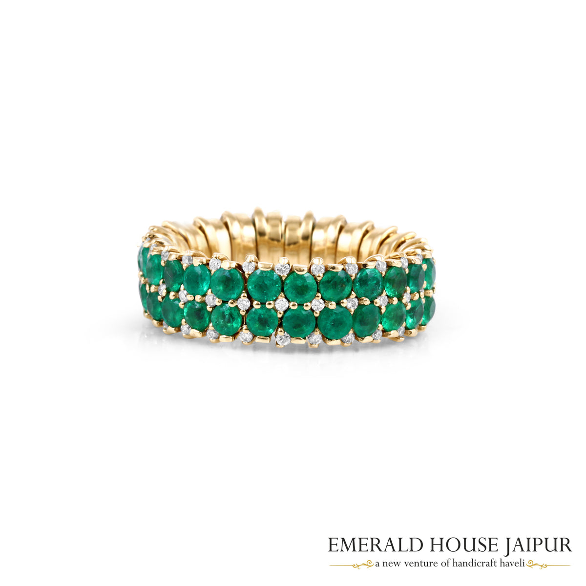 Round-Cut Emerald & Round Brilliant-Cut Diamond Double-Row Band Ring in 18K Yellow Gold